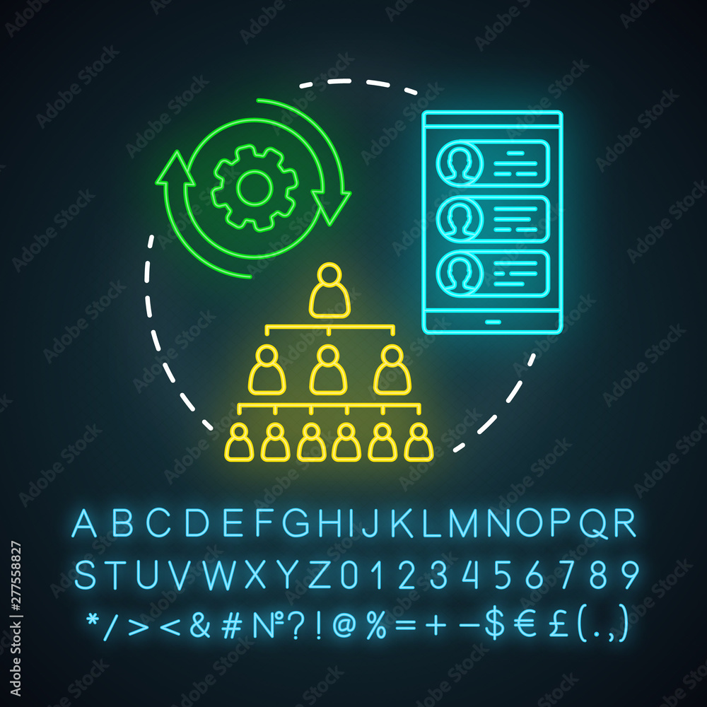 Poster contact list updating neon light icon. marketing automation. mobile device. renew address book. cont