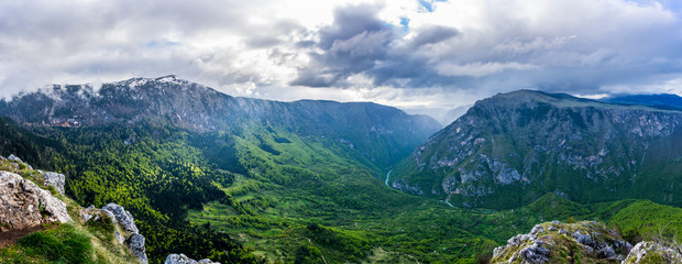 Montenegro, XXL tara river canyon nature landscape from summit of mount curevac at the edge of spectacular green national park scenery and tara river in durmito national park near zabljak