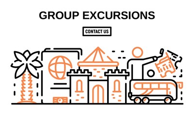 Fototapeta premium Group excursions banner. Outline illustration of group excursions vector banner for web design