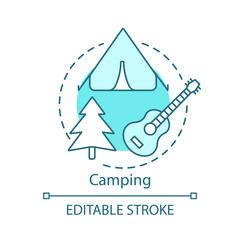 Camping concept icon. Family time together idea thin line illustration. Overnight staying in tent. Outdoor accommodation. Family trip. Vector isolated outline drawing. Editable stroke