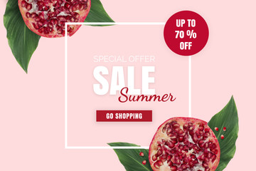 Summer sale banner. Special offer poster discount on the pink background with red pomegranates and green leaves
