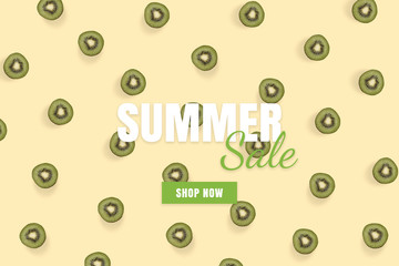 Summer sale banner. Special offer poster discount on the yellow background with green kiwi. Fruit pattern