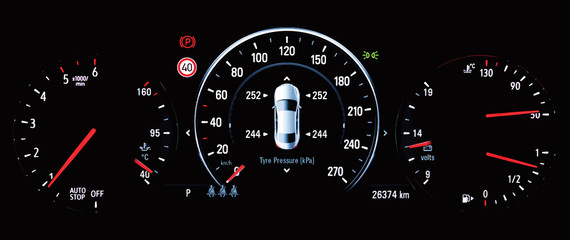 Illustration of TPMS (Tyre Pressure Monitoring System) monitoring display on car dashboard panel. Pressure measurement given in kilopascal (kPa) Modern digital screen shows right correct tire pressure