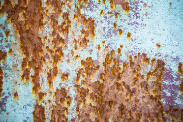 Old corroded metal wall background with flaky blue green paint .Rusty flaky cracked metal surface.Abstract the surface texture of the old metal.