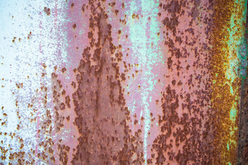 Old corroded metal wall background with flaky blue green paint .Rusty flaky cracked metal surface.Abstract the surface texture of the old metal.