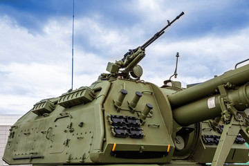 The tower of a modern self-propelled howitzer with ulimet and active protection against fire attack.