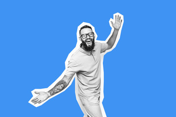 Obraz premium Crazy hipster guy emotions. Collage in magazine style with happy emotions. Colorful summer concept.