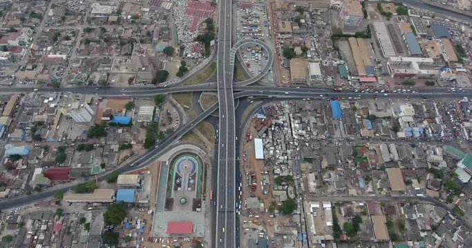 Aerial shot of Modern road in Africa Ghana, Kwame Nkrumah Circle