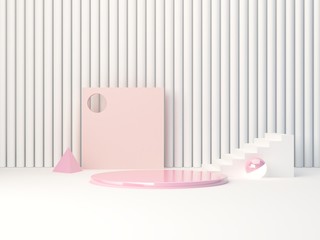 3d render minimal scene with geometrical forms. Minimal primitive pink shapes, podium, stairs in a white abstract background. Scene to show a product. Metal rose ring, sphere with light and cylinder.
