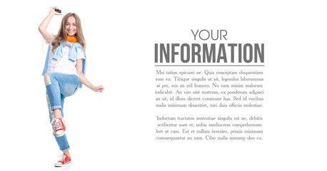 Woman with headphones listening music happiness smiling dancing on white background isolation. Beautiful female model.