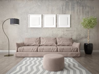 Mock up a spacious living room with a dark beige sofa and a stylish hipster backdrop.