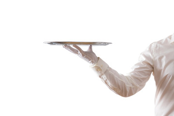 Waiter holding empty silver tray isolated on white background