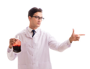 Doctor in blood donation concept isolated on white