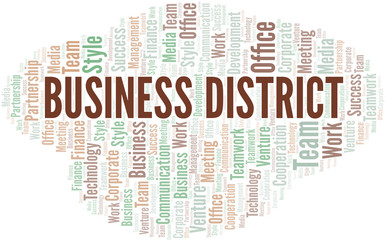 Business District word cloud. Collage made with text only.