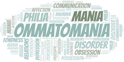 Ommatomania word cloud. Type of mania, made with text only.
