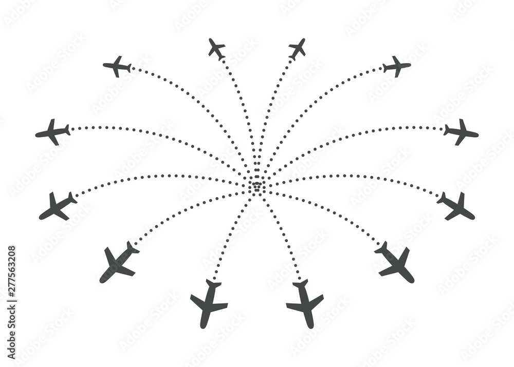 Poster planes flying with trace in different directions in a circle from one point. airport abstract map. d