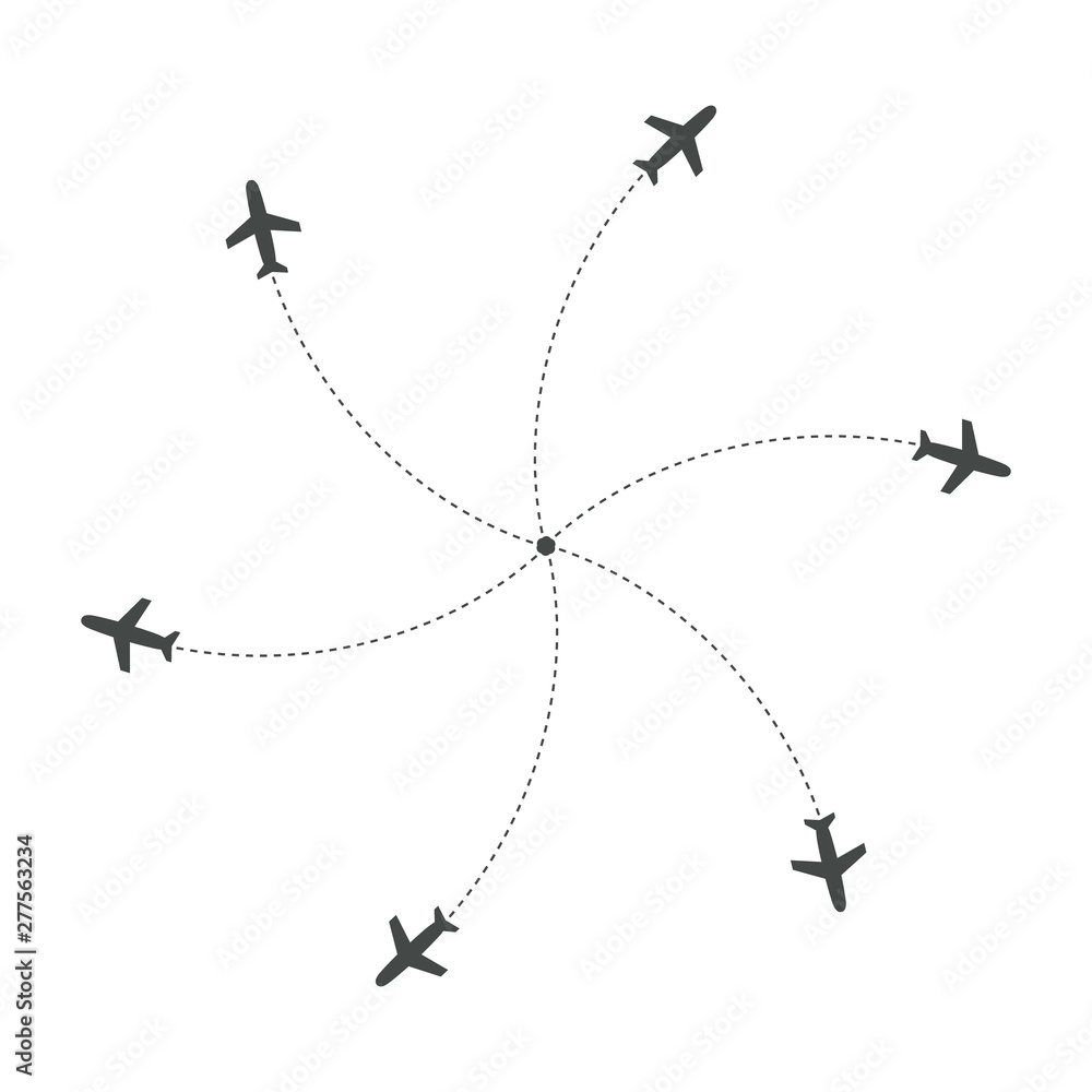 Poster planes flying with trace in different directions in a circle from one point. airport abstract map. d