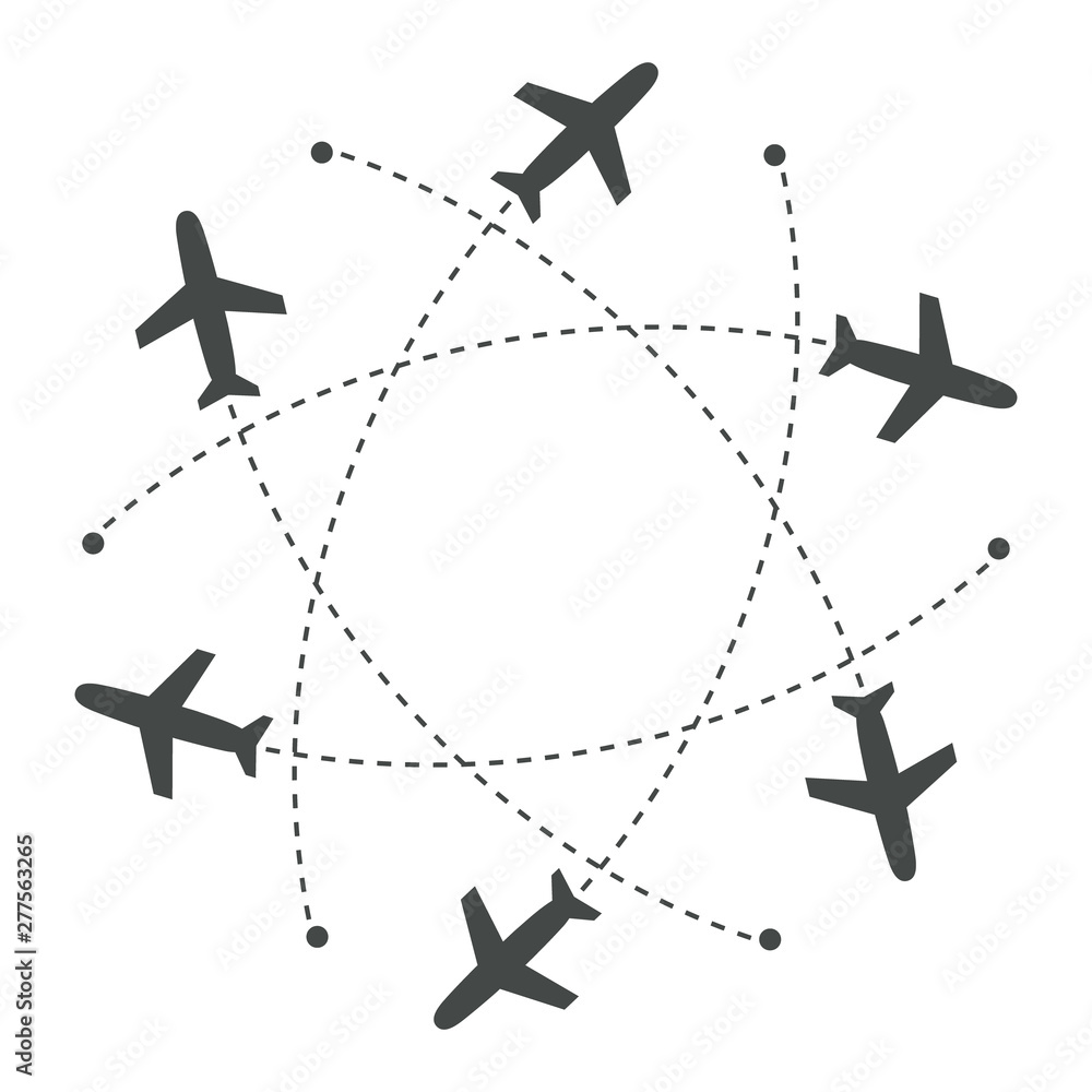 Poster planes flying with trace in different directions in a circle from one point. airport abstract map. d