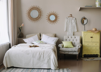 Modern home interior design. Bed with and pillows, blanket. girl's  bedroom interior, scandinavian style 