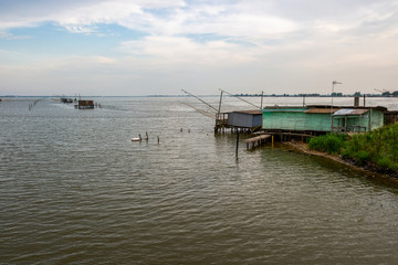 Padelloni, typical Emilia-Romagna fishing nets at the Lagoon of Comacchio, Province of Ferrara,...