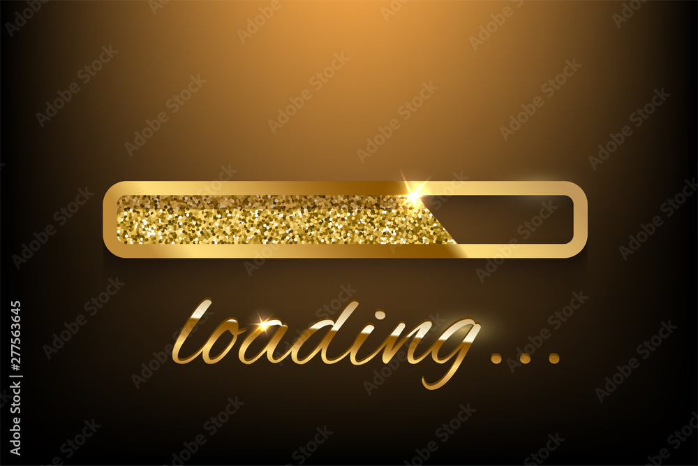 Poster golden loading sign and loading bar on dark background. vector illustration.