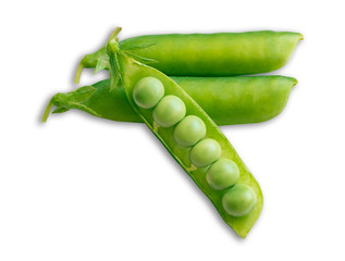 green pea pods with open pod and peas on white background