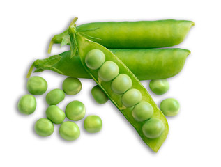 green pea pods with open pod and peas on white background