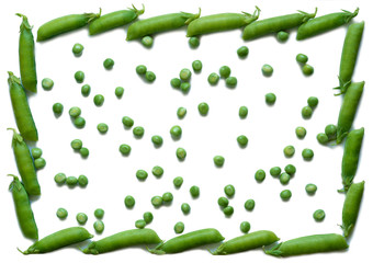 Scattered peas in a frame of pea pods