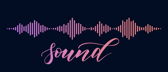 Pink and violet sound waves isolated on black background. Vector Illustration