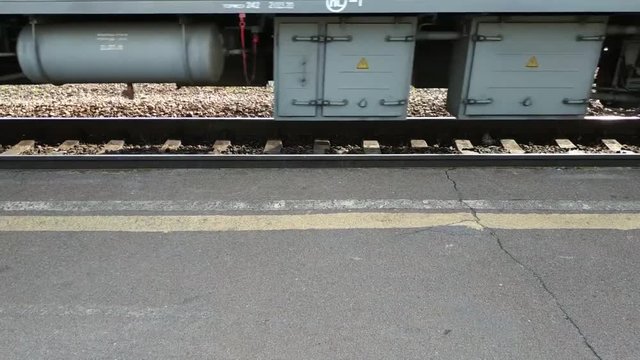 Railway, train rides closeup, train wheels