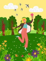 Obraz na płótnie Canvas Woman outdoors in green park or garden with flower bouquet, birds flying at sky. Vector cartoon person and blooming plants, summertime scenery and female