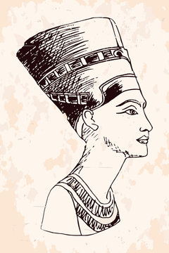 Egyptian Queen Nefertiti. Vector image stylized as a pencil drawing on a beige background.
