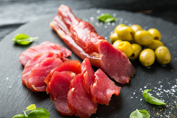 Smoked pork tenderloin. Pork carpaccio
