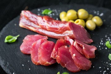 Smoked pork tenderloin. Pork carpaccio