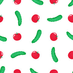 Cucumber and Red tomato seamless pattern. Organic vegetarian food. Used for design surfaces, fabrics, textiles, packaging paper