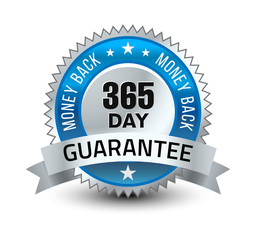Blue and silver color combined powerful 365 day money back guarantee badge/seal with ribbon.