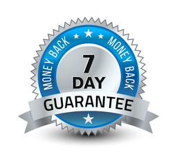 Blue and silver color combined powerful 7 day money back guarantee badge/seal with ribbon.