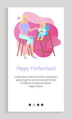 Portrait view of mother feeding with spoon daughter sitting on high chair, parent and kid vector. Motherhood concept mom gives food to girl. App slider for website, landing page application flat style