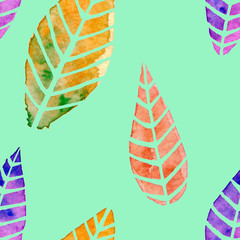 Seamless watercolor pattern with colorful leaves, leaf. Botanical hand drawn watercolor background.
