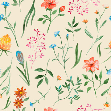 Different flowers watercolor painting - hand drawn seamless pattern with blossom on beige