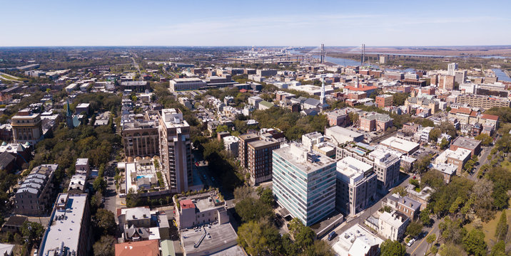 Aerial panorama of downtown Savannah, Georgia, USA.