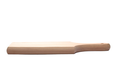 Wooden chopping board isolated on white background, side view