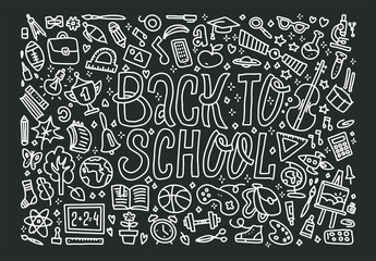Freehand chalk drawing school items on the black chalkboard. Back to School, vector illustration. Vector Background with lots of pupils objects. Uotline Concept of education with lettering
