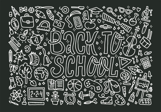 Freehand chalk drawing school items on the black chalkboard. Back to School, vector illustration. Vector Background with lots of pupils objects. Uotline Concept of education with lettering