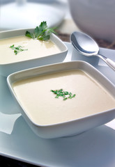 Cuenco de vichyssoise con perejil . Vichyssoise bowl with parsley.