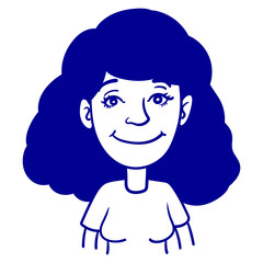 Portrait of a black-haired woman smiling friendly. vector, illustration, comic, line drawing, doodle, ink, outline. blue