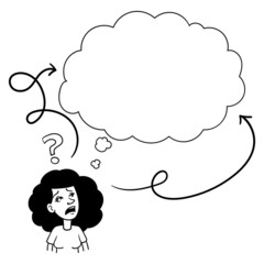 a black-haired woman who looks up, worried and confused. many paths, question marks, bubble. vector, illustration, comic, line drawing, doodle, ink, outline.