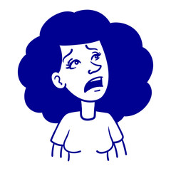 a black-haired woman who looks up with her mouth open. vector, illustration, comic, line drawing, doodle, ink, outline. blue
