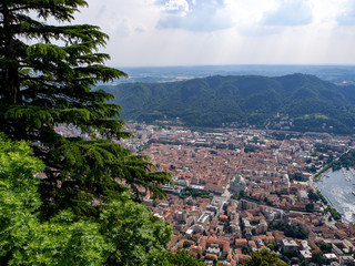 View above big beautiful lake, Como lake, Italy. Summer cloudy view.