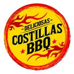 Costillas BBQ Deliciosas, Delicious BBQ Ribs spanish text, Grunge rubber stamp, fast food emblem